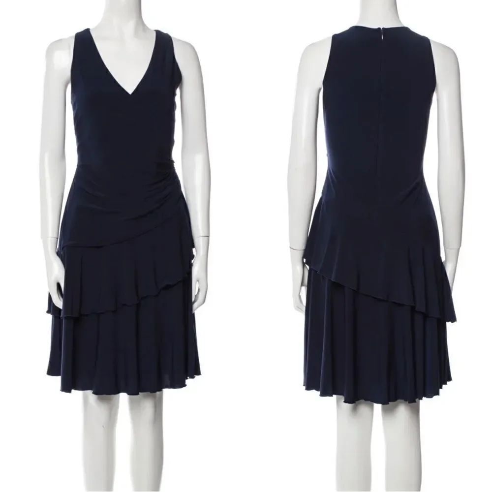 Luxe by Carmen Marc Volvo Drape Front Sleeveless Tiered Navy Midi Dress Sz 22